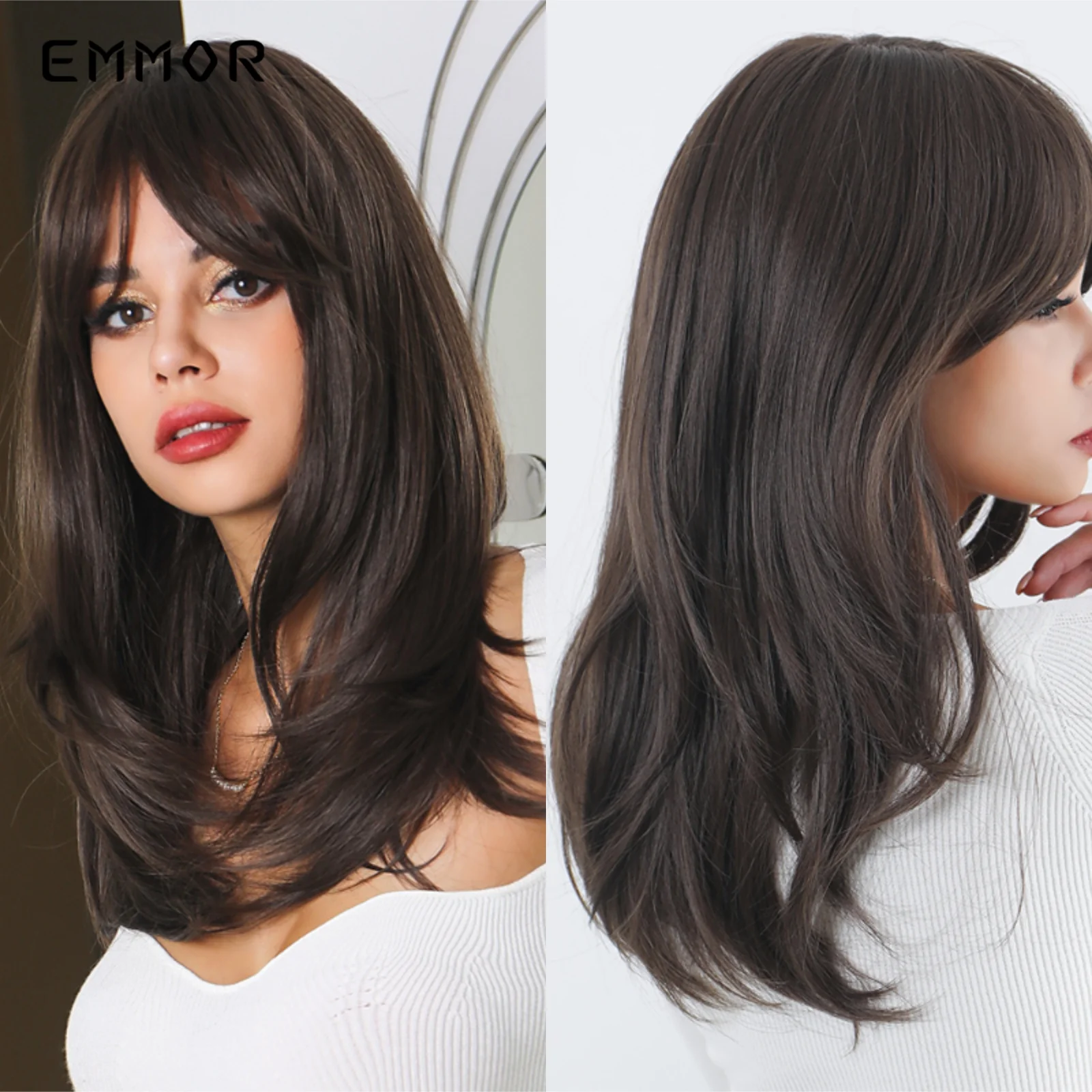 

Emmor синтетические темно-коричневые волосы парики модные толстые Многослойные прямые парики для женщин термостойкие волоконные парики