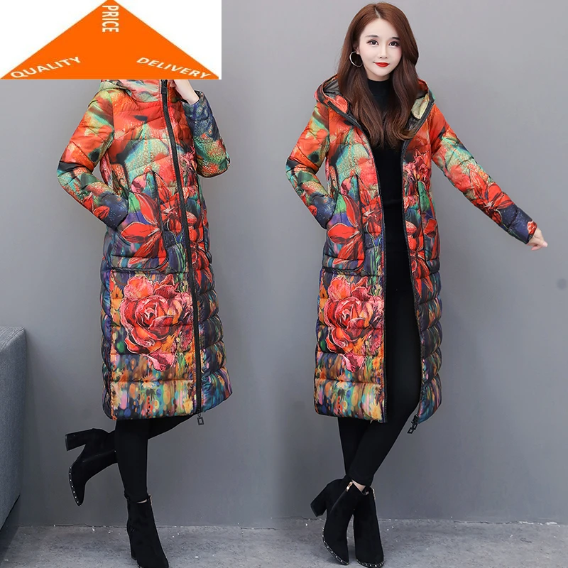 

7XL Women's Fashion Jacket Winter Coat Female Clothes 2020 Long Floral Down Parka Hooded Ladies Overcoat Hiver 9959