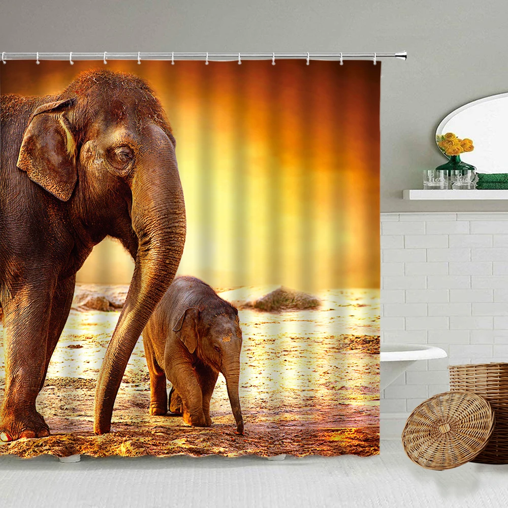 

Штора для душа с Африканским слоном, занавеска для ванной комнаты с изображением диких животных, пустыни, заката, природного пейзажа, водоне...