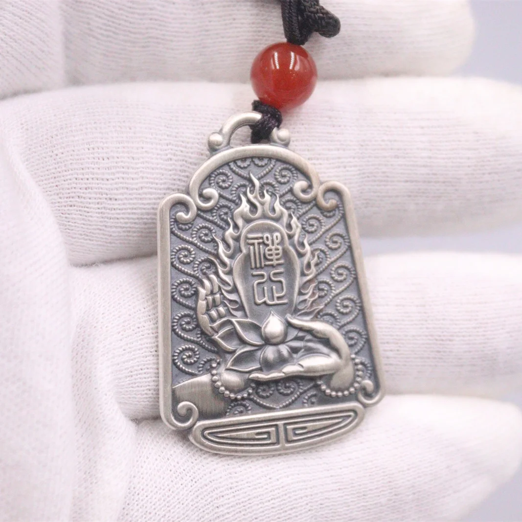Real S999 Fine Silver 999 Pendant /Buddha Hand Holding Lotus Bottle With Flame Six Words Oblong 19.6g