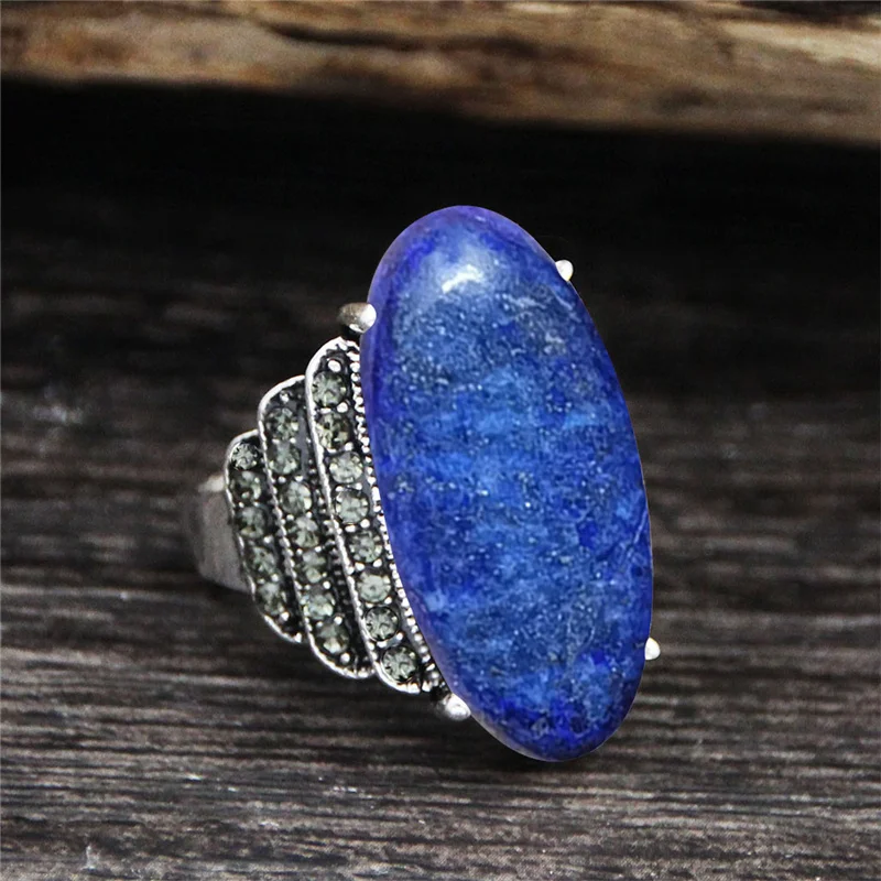 Vintage Natural Eye Shape Quartz Lapis Lazuli Rings For Women Real Antique Silver Plated Stone Unakite Rhinestone Ring | Украшения и