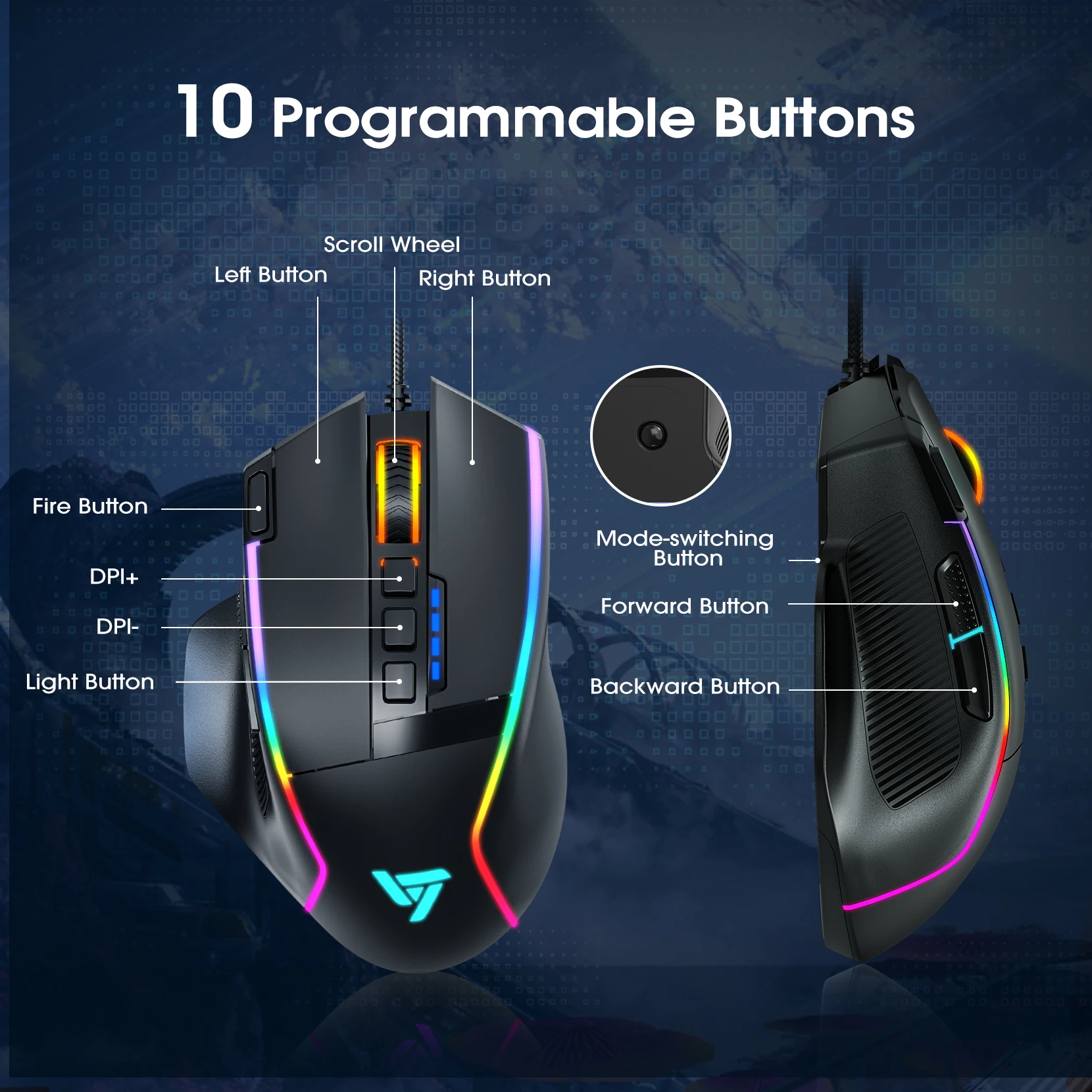 Проводная игровая мышь VicTsing RGB с 10 программируемыми кнопками и кнопкой огня