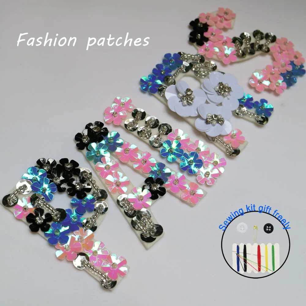 

Paris Letter beaded appliques patches for clothing DIY sew on rhinestone patch Embroidery parches bordados para ropa
