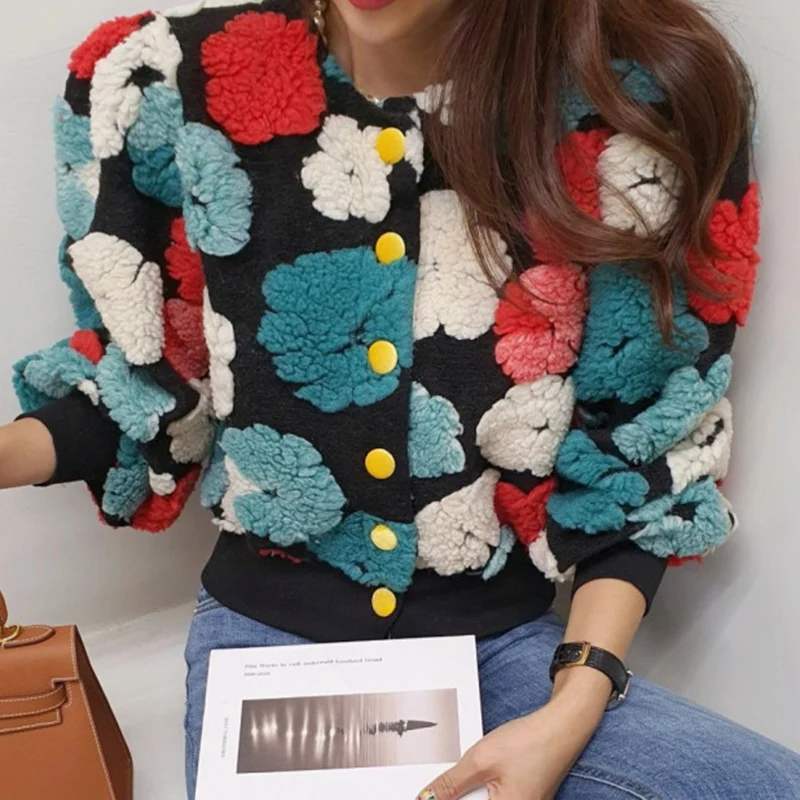 Korejpaa 3D Flocking Flowers Cardigans Women Autumn Retro Round Neck Single-breasted Puff Sleeve Short Coat Female Elegant New |