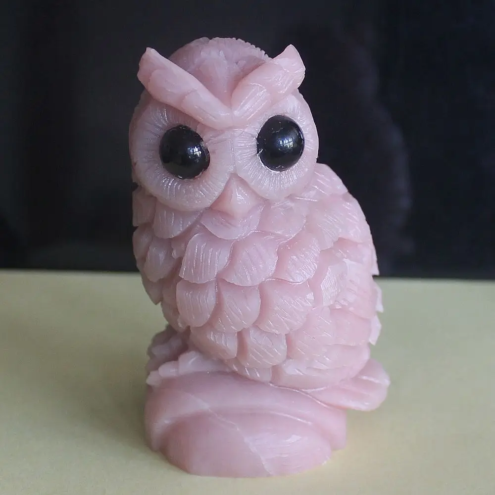 

Unique hand carved gemstone natural pink opal owl animal figurine statue home decor