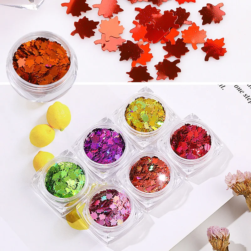 

6 Box iridescent Maple Leaf Nail Glitter Sequins Mixed Color Autumn Fall Leaves 3D Flakes Slices Paillette Manicures Tips