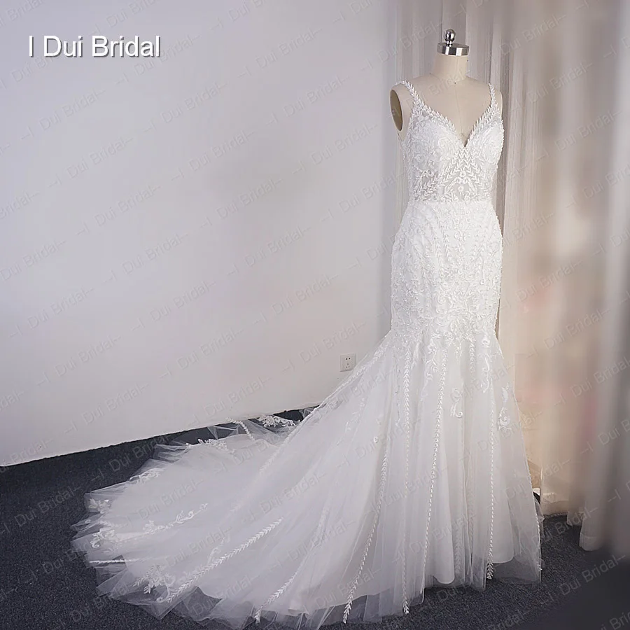 V Neck Mermaid Wedding Dress Lace Appliqued New Factory Custom Made Bridal Gown