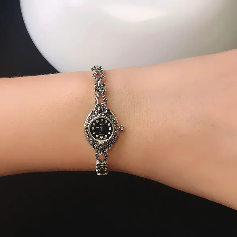 S925 Silver Retro Ethnic Thai Silver Jewelry Bracelet Personality Small Flower Quartz Watch Wholesale Watch New enlarge