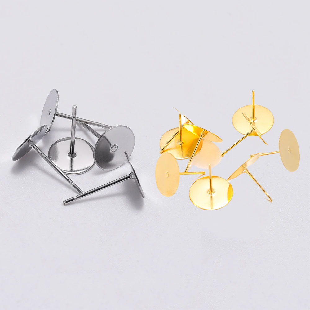

50-100pcs Stainless Steel Flat Post Back Blank Earring Stud Base Fit 3-12mm Cabochon Cameo Settings For DIY Making Accessories