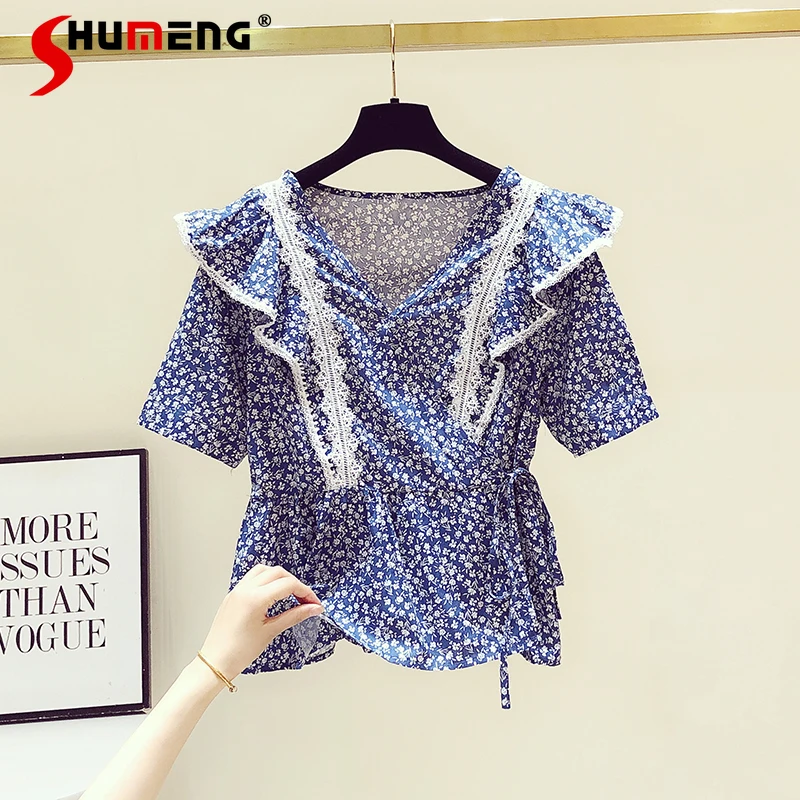 

Женская хлопковая рубашка с коротким рукавом, V-образным вырезом и цветочным принтом, Новинка лета 2021, кружевной топ со шнуровкой и поясом, б...