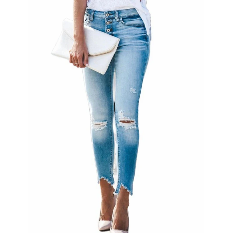 

WEPBEL High Waist Jeans Women's Casual Solid Color Ripped Irregular Jeans Summer Fashion Stretch Slim Denim Pencil Pants