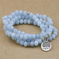 8mmblue stone 108 beads aquamarine bracelet lotus pendant energy chain hot monk mala gemstone unisex healing wristband wrist