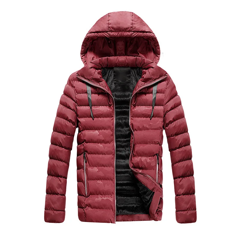 2020 Winter Men Warm Parka Mens Zipper Camo Jackets Male Hooded Wine Red Overcoats M-3XL