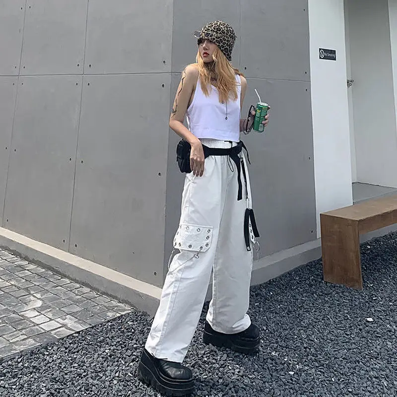 

HOUZHOU Punk Pants for Women Harajuku Chain Wide Leg Pants Goth Black Hip Hop Cargo Pants Women Hippie Trousers Women Streetwear