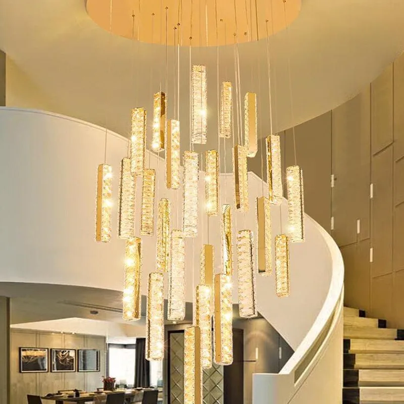 Preço Luxo Moderno Ouro Prata Led Lustre De Cristal Duplex Nordic Edifício Espiral Escada Lustre Sala Jantar Arte
