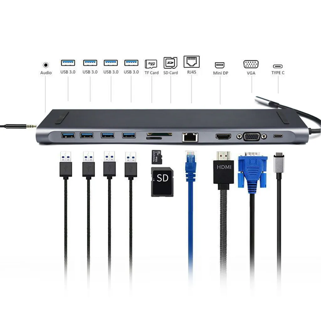 11 в 1 Многофункциональный type c концентратор HDMI адаптер USB к 4K VGA ПВХ провод 1000 Мбит/с