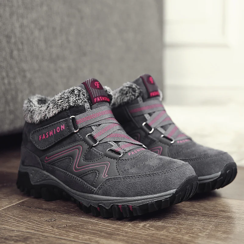 6137Gray-Red Мужские ботинки на меху; коллекция года; теплые зимние ботинки; Мужская зимняя рабочая обувь; Мужская обувь унисекс; уличные водонепроницаемые ботильоны; размеры 36-46 - Цвет: 6137Gray-Red