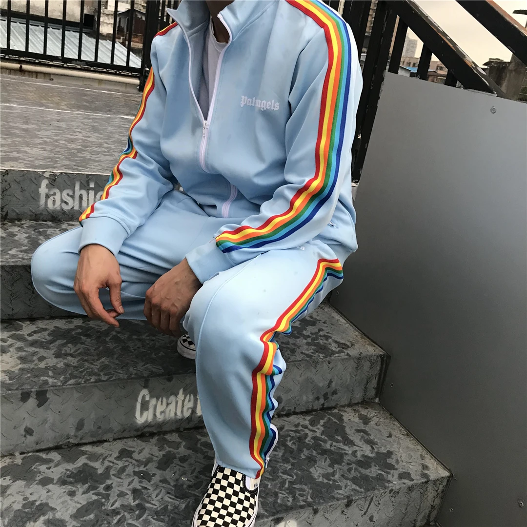 

angels side Palm rainbow stripes casual men's and women's zipper sports suit 123748764