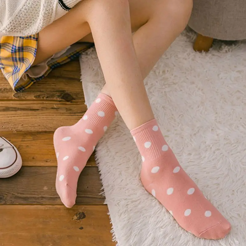 

5 Pairs Korean Women Sweet Polka Dot Cotton Crew Socks Preppy Mid Tube Hosiery Y1AC