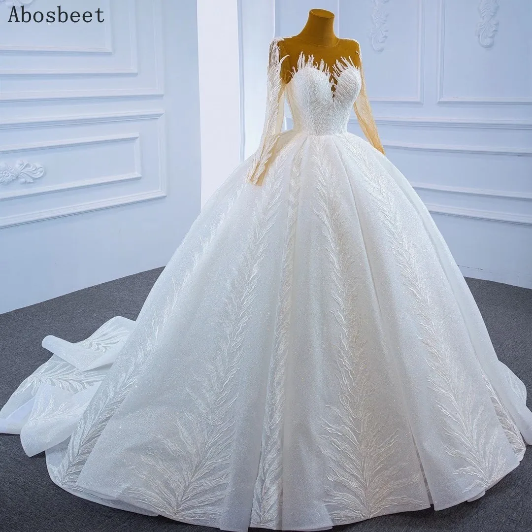 2021 Embroidery Lace Ball Gown Wedding Dress Long Sleeve White Elegant Wedding Gown Shining Sequins Long Train Lace Up Back