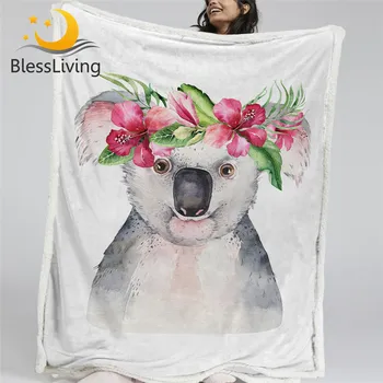 BlessLiving Koala Soft Blanket Kids Cartoon Bedding Watercolor Soft Furry Blanket Floral Tropical Animal Sherpa Blanket Dropship 1