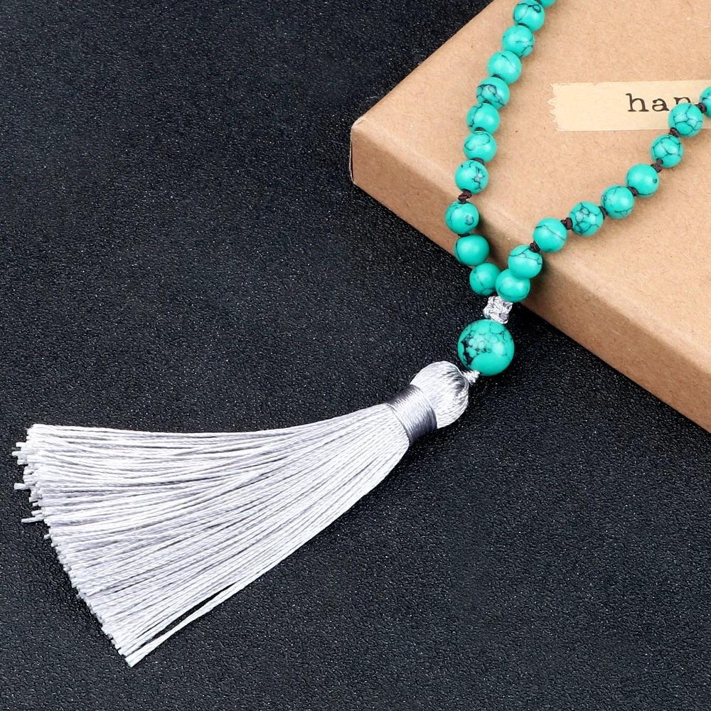 Модное ожерелье Mala Beads с зелеными синтетическими камнями Длинные ожерелья узлом