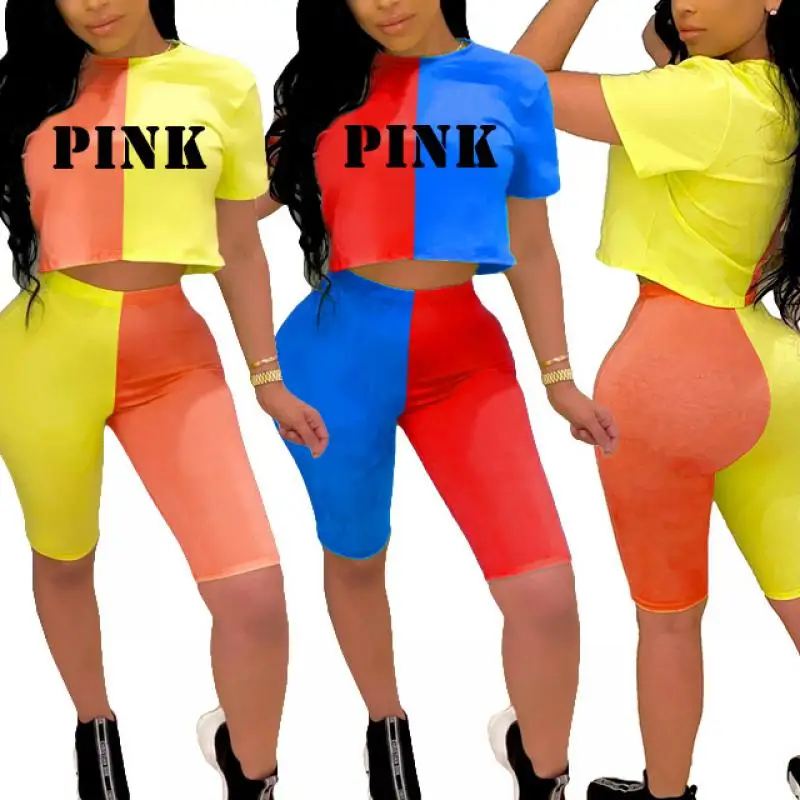 

Plus Size Two Piece Setpink Letter Tracksuit Patchwork Short Sleeve Top+Shorts Festival Matching Sets 2 Piece Outfits Suit Women