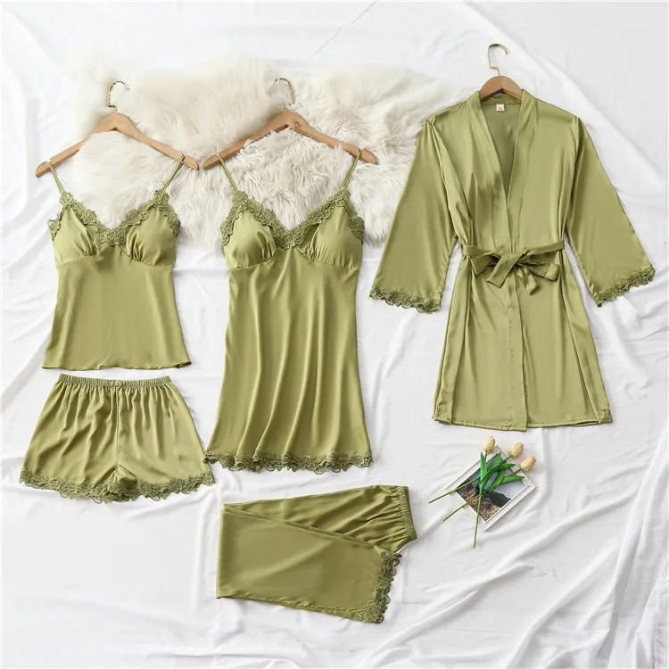 

New Spring Summer 5pcs Pijamas Suit Sleepwear Female Satin Robe Kimono Gown Nightwear Casual Loose Home Clothes Sexy Sleep Set