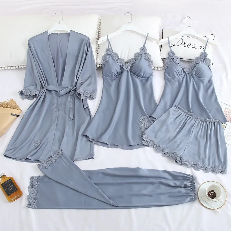 Sexy Female Robe Set Kimono Bath Gown Casual Soft Sleepwear Nightgown Rayon Silk Rayon Nightwear Nightdress Home Clothes Suit