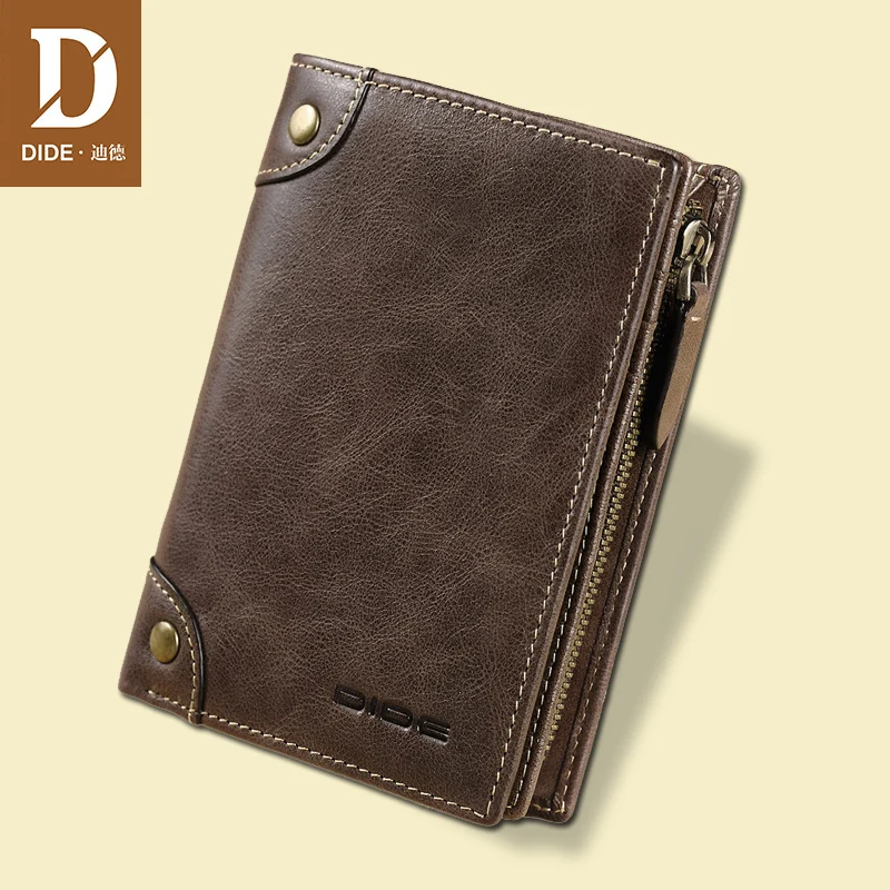 

DIDE Brand Cowhide men's Wallets Male Purse Short Genuine Leather Zipper Coin Purse Wallet Card Holder Fine Gift Box