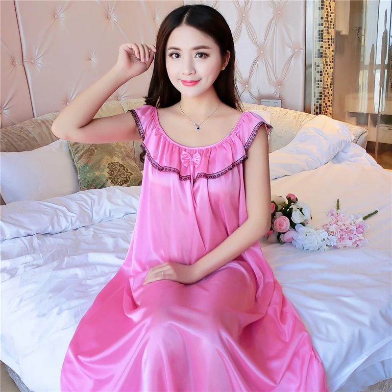 Lace Plus Size M-4XL Nightdress Sexy Sleepwear Nightgowns Night Dress Women Short sleeve Nightwear Faux Silk Satin Nightshirt | Женская