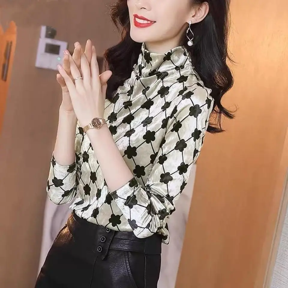 

Gold Velvet Long Sleeve T-Shirt Turtleneck Underwear Slim Western Style Plaid Thermal Jacket New Fall Winter Collection