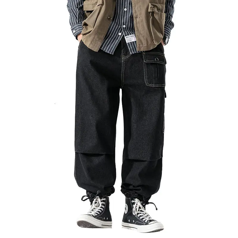 

2020 Men's Oversized Cargo Casual Pants Hip Hop Wide Leg Pants Multi Pocket Jeans Baggy Homme Balck Biker Denim Trousers M-5XL