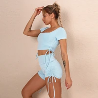 2021 summer womeneurope and america hot ass bow yoga suit women pure color short sleeve shorts running fitness pants for male