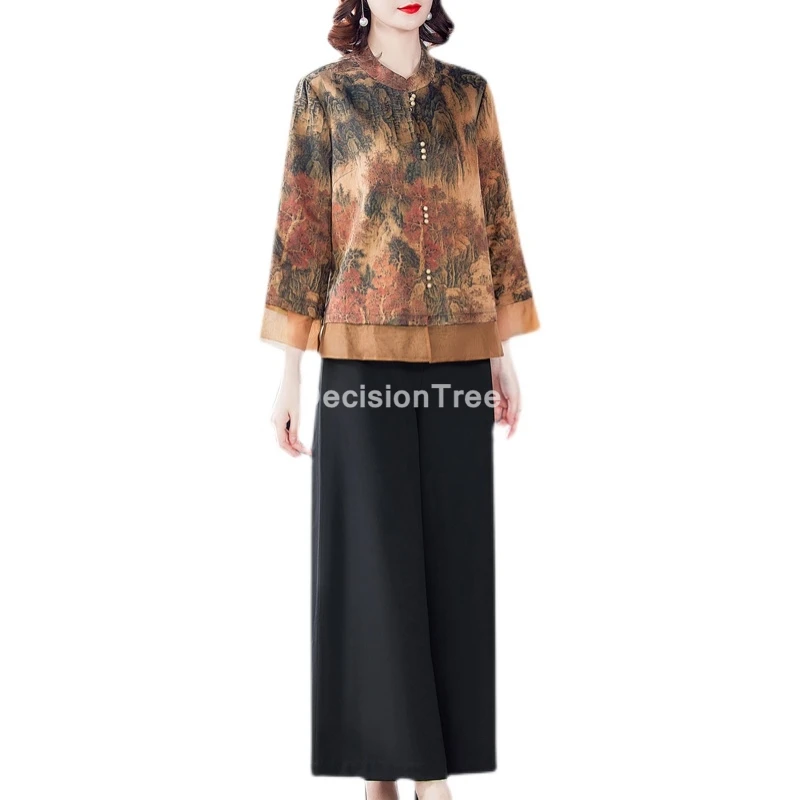 

2021 women elegant tang suit chinese style qipao tops+pants set oriental clothing set lady chinese tang suit party dresses suit