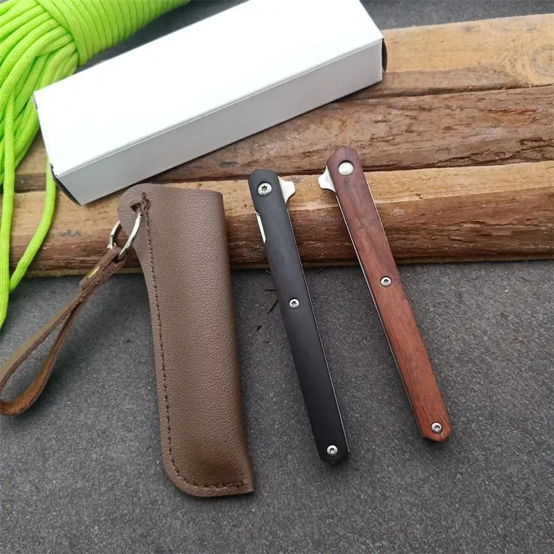 Карманный нож для фруктов со стальной деревянной ручкой с кожаным чехлом |