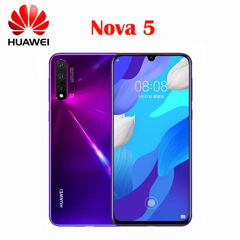 OriginalHuawei Nova 5 смартфон с 48-мегапиксельной камерой отпечатком пальца 6 39 '' супер