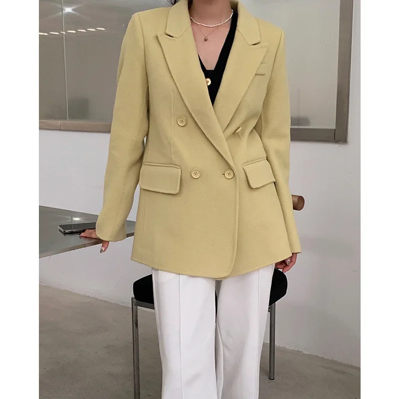 

Женское Короткое шерстяное пальто ручной работы, корейское темпераментное двубортное пальто в британском стиле с воротником-костюмом из ...