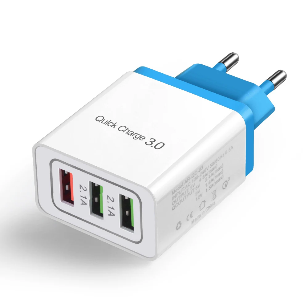 EU Blue USB зарядное устройство Quick Charge 3,0 EU 3 порта Быстрая зарядка для iPhone Xs Max samsung S8 S9 huawei mate 20 Lite зарядное устройство для мобильного телефона s - Тип штекера: EU Blue