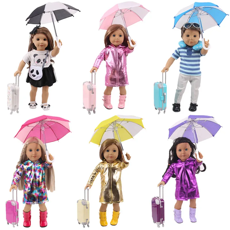 

Doll Baby Raincoat 4Pcs/Set=Suitcase+Raincoat+Boots+Umbrella For 18 Inch American&43Cm Baby New Born Doll Girl` Toy Freeshipping