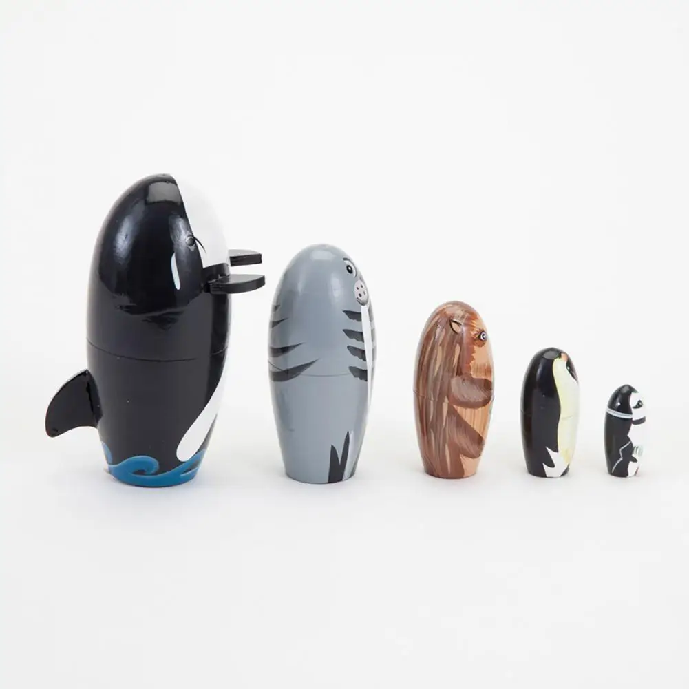 5Pcs/Set Handmade Crafts Russian Nesting Dolls Eco-friendly Different Animal Pattern Schima Superba Whale Doll Kids Toys | Игрушки и