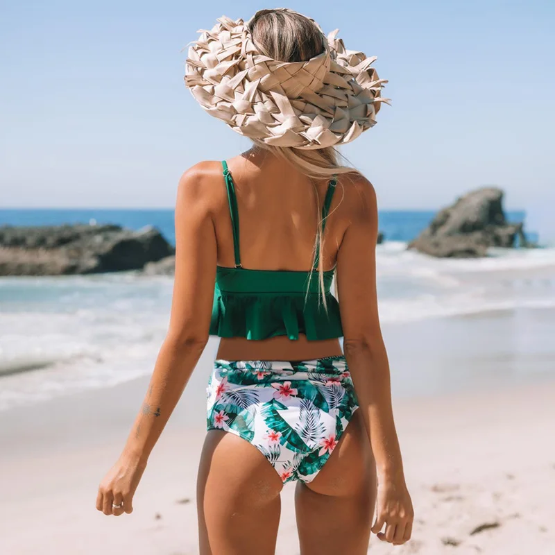 Соблазнительный комплект бикини с рюшами Женский однотонный купальник Пляжное
