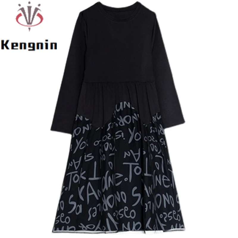 

Plus Size XL- 5XL Women's Dresses 2022 Spring New Loose Casual Ladies Vestidos Print Letter Patchwork Black Dress Robe KE2272