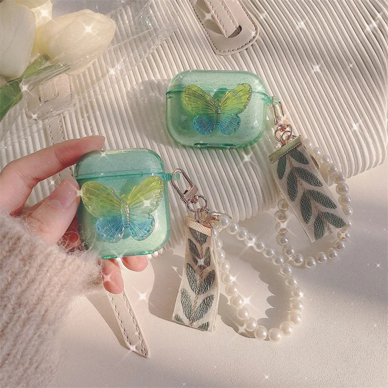

Green Butterfly Pearls Shell Bracelet Apple AirPods Case with Lanyard Cover AirPods Pro Case IPhone Earbuds Accessories