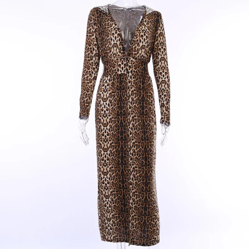 Hugcitar leopard print long sleeve hooded trench coats autumn winter women streetwear windbreak outfits
