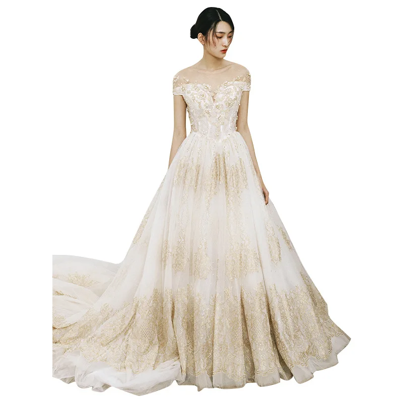 свадебное платье 2020 Customized Champagne Wedding Dress Appliques With Pearls Bridal Gown Cathedral Tail Vestidos de Novia |