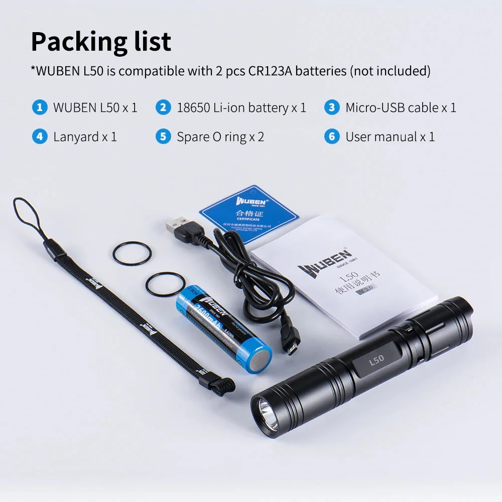 

WUBEN L50 Led Flashlight 1200 Lumen Tactical Torch USB Rechargeable 18650 Battery Light IP68 Waterproof Lantern for Camp Outdoor