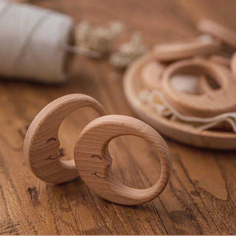 

1/5Pc Baby Teether Pacifier Chain Pendant Beech Wooden Moon BPA Free Wood Teething Ring Pendant Accessories Children's Goods Toy