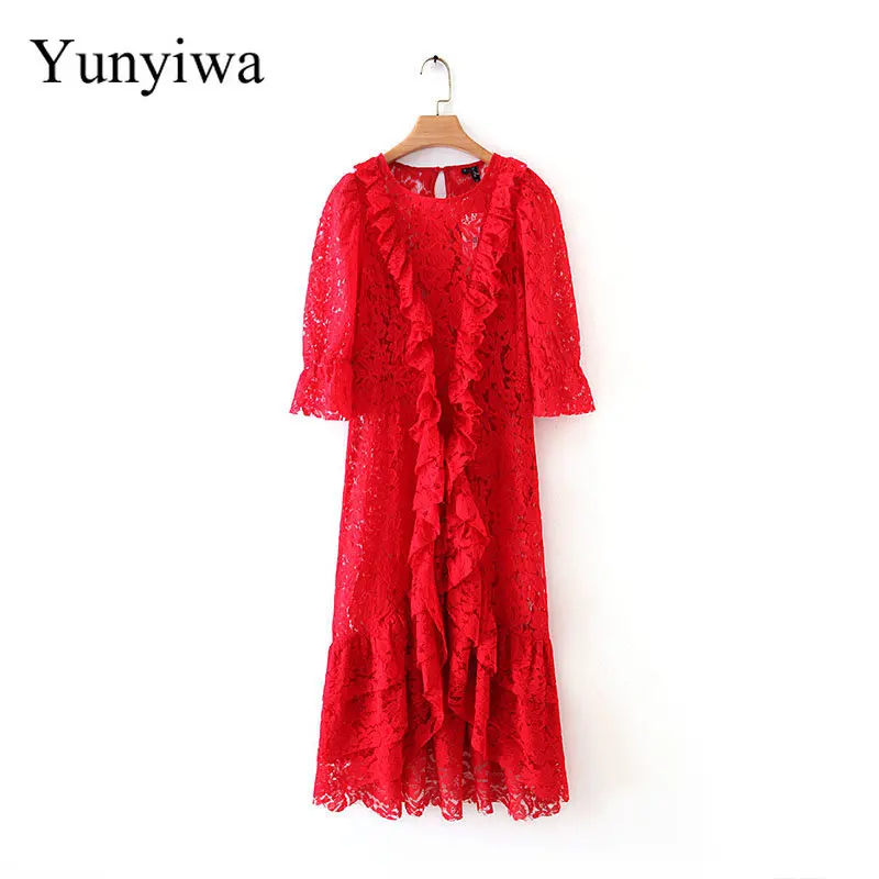 2020 женское сексуальное красное кружевное асимметричное платье с пышными