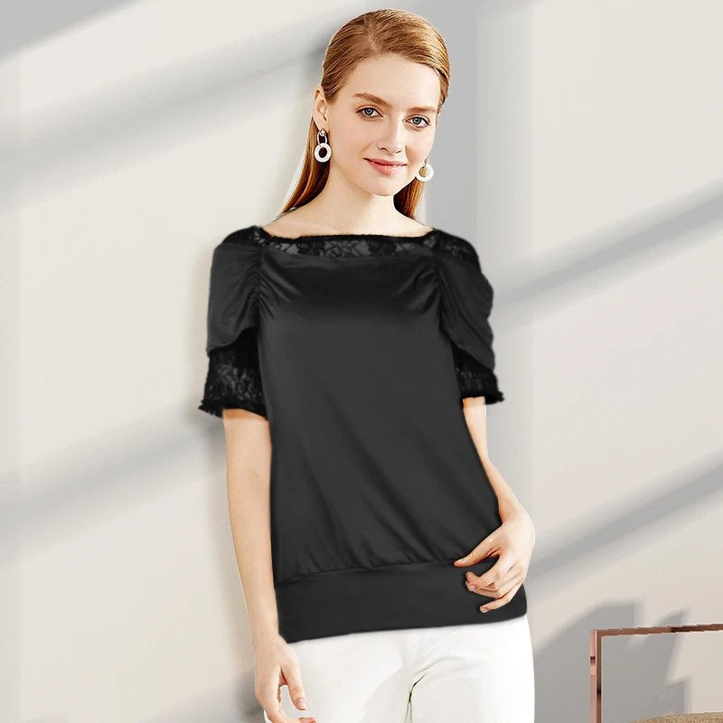 

Women Top Scoop Neck Cotton Tees Tops Women Clothes Lace Patchwork Black T-shirt